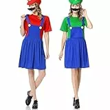 Super Brothers Cosplay Kostüme für Erwachsene Kinder, Halloween Carnival Cosplay Kostüm, Cosplay Kostüm mit Hut und Schnurrbart für Herren Damen Jungen Mädchen, Damen Grün, S