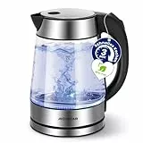 Aigostar Chubby - Edelstahl Glaswasserkocher mit LED Beleuchtung, Glas Wasserkocher Verdicktes Borosilikatglas 1,7 Liter, 2200 Watt, Kalkfilter, Auto-off Trockenlaufschutz, BPA frei, Silber