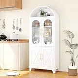 185,42 cm hoher metallener gewölbter Küchenvorratsschrank, moderner landhausstiliger Porzellanaufbewahrungs-Schrank mit Glastür und verstellbaren Regalen, vielseitiger Schrank für Küche(weiß)