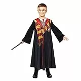 Amscan - Kinderkostüm Harry Potter, Gewand mit Hemd-Blende, Bille, Zauberstab, Magier, Zauberer, 134, Schwarz