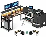 ODK Schreibtisch mit Schubladen, 155×110cm Reversible Eckschreibtisch mit 2 Steckdosen und 2 USB Ladeanschluss, Bürotisch L Form mit LED für Home Office, Schwarz