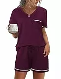 Litherday Schlafanzug Damen Kurz Baumwolle Pyjama Set Sommer Einfarbig Shorty Nachtwäsche Kurzarm Sleepwear Zweiteiliger T-Shirt mit Tasche Dunkelviolett L
