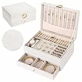 Ninonly Schmuckkästchen Ohrringe mit 2 Ebenen Printed Schmuckkästchen für Damen Mädchen PU-Leder Schmuckaufbewahrung Ohrringe für Ringe Armbänder Halskette Mit Schloss und Schlüssel Weiß