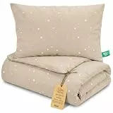 Kinder Bettdecke ohne Bezug 100x135 cm - Baumwolle Baby Decke und Kissen Set Kinderdecke 100 x 135 und Kopfkissen 60 x 40 - Bettdecken Kinderbettdecke Oeko-Tex Beige mit Weiß Sternen