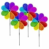 4 Stück Windrad Garten,Windmühle,Windspiel Windräder Windspiele,für Balkon Bunt Kinder,Blume Metall Solar aus Draußen,Magische Wetterfest Windmühlen Achteckige,Windrad-Vogelabwehrset