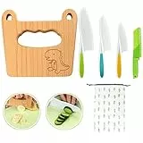 Goodchef Kindermesser 5-teiliges Kinder-Küchenmesser-Set zum Schneiden und Kochen von Obst oder Gemüse für Kleinkinder, inklusive kindersicherem Holzmesser Messer ab 2 jahre(Großäugiger Dinosaurier)