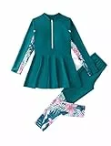 FYMNSI Langärmeliger Badeanzug für Mädchen, Rashguard-Set, Bademode, muslimisch, islamisch, Kinder-Badeanzug, Reißverschluss, Oberteil mit Badehose für 5–14 Jahre, grün, 12-14 Jahre