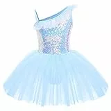 IWEMEK Kinder Ballettkleidung Mädchen Ballettkleid Ärmellos Rüsche Pailletten Balletttrikot Ballettanzug Tanzkleid Tanzbody mit Tütü Rock Ballettrock Gymnastik Tanzbekleidung Blau 3-4 Jahre