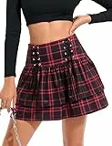KOJOOIN Damen Gothic Rock Mini Kariert Faltenrock A-Linie Hohe Taille Skirt Cosplay Kleid zum Schnüren Rot XL