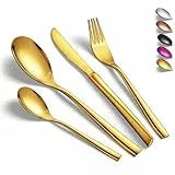 vancasso Besteck Set 6 Personen, Besteck Set 18/10 Gold Besteckset mit Messer/Gabel/Löffel/Dessertlöffel, 24-pcs Goldenes Besteck Poliert mit Geschenkbox, Modernem und Schlichtem Design