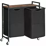 HOOBRO Wäschekorb 2 Fächer, Wäschesammler mit Ablage, Wäschebox, Wäschewagen mit Rollen, 2 x 49,5 L, Wäschesack aus Oxford-Gewebe, Ausziehbar Abnehmbar, Vintagebraun-Schwarz EBF72XY01