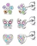 JeweBella 3 Paare Ohrringe Silber 925 Mädchen Kinder Ohrstecker Silber 925 Damen Hypoallergene Niedlich Kleine Blumen Herz Schmetterling Ohrringe Set Schmuck Geschenke für Mädchen Silber/Gold