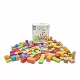 New Classic Toys - 10812 - Bunte Holzbausteine aus Kirschholz - 100 teiliges Set in Trommel mit Tragegriff