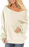 Ranphee Oversize Pullover Damen Herbst Beige Elegante Baumwolle Langarm Sweatshirt ohne Kapuze Damenpullover Cut Out Schulterfreie Fledermausärmel Oberteile