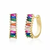 FDEETY 1 Paar Rechteckige Regenbogen Creolen Ohrringe Edelstahl Schmuck Damen Huggie Ohrstecker 14k Vergoldet Bunt Kristall Ohrhänger