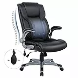 COLAMY Bürostuhl mit Hoher Rückenlehne, Ergonomischer Computer-Schreibtischstuhl, Lederstuhl mit Gepolsterten Klapparmlehnen, Verstellbarer Neigungsverschluss, Drehstuhl für Erwachsene, Schwarz