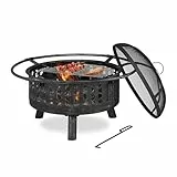 Relaxdays Feuerschale mit Grillrost & Funkenschutz, Schürhaken, Kohlerost, Ø 75 cm, Feuerstelle Garten, schwarz/Silber