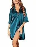 Ekouaer Satin Nachthemd Damen Sommer Knopfleiste Kurzarm Nachtkleid Kurz 3/4 Ärmeln Sleeepshirt mit Tiefer V-Ausschnitt Nachtwäsche Negligee, Blaugrün, L