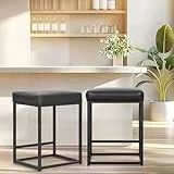 ALPHA HOME Barhocker 2er Set, Counter Höhe Barhocker mit Fußstütze, Frühstück Bar Stuhl von Pu Leder Backless, Küche Esszimmer Cafe Stuhl für Innen-und Außenbereich (Schwarz)
