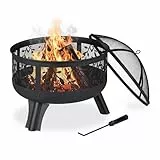 Relaxdays Feuerschale mit Funkenschutz, Garten & Terrasse, mit Schürhaken, Outdoor Feuerkorb, HxD: 60 x 60 cm, schwarz