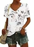 MOLERANI T-Shirts mit V-Ausschnitt für Damen, kurzärmlig, locker, lässig, T-Shirts, Basic-T-Shirts, Blumenweiß XL