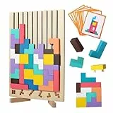 Holzpuzzle Tetris Montessori Spielzeug ab 3 4 5 6 Jahre - Lernspielzeug zur Förderung von Konzentration & Motorik - 3D Logikpuzzle mit geometrischen Blöcken - Geschenk Kinder