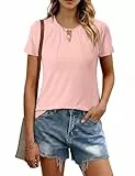 Litherday Tshirt Damen Sommer Elegant Rundhals Falten am Hals Oberteil Slim Fit Stretch Casual Einfarbig Kurzarm Freizeit Bluse Regular Tops Fit für Alltag Business (Rosa, M)