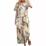 AACH Damen Boho 2-teiliges Sommer Vintage Leinenanzug Bohemian Print Kurzarm T-Shirt Hose Zweiteiler Y2K Aesthetic Streetwear Große Größe Weite Freizeitanzug Modische Casual Lounge Set