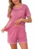 Wikoan Damen Schlafanzug Sommer Pyjama Baumwolle Weicher Rundhals Nachtwäsche Kurz Shorty Schlafanzüge Loungewear Hausanzug für Damen Rosarot M