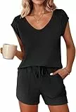Ekouaer Schlafanzug Damen Kurz Pyjama Baumwolle Ärmellos Pyjamas Set Nachtwäsche Zweiteiliger mit Shorty Pyjamahose und V Aussschnitt Shirt Elastischer Bund Taschen Sleepwear für Sommer Schwarz S