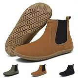 Wizshoe Barfußschuhe Chelsea Boots Damen Flache Wasserdichte Stiefeletten Herbst Winter Ankle Booties Halbstiefel Frauen Barefoot Slip on Damenstiefel Schlupfstiefel Braun 42EU