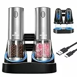 Elektrisches Salz- und Pfeffermühlen-Set, automatische Pfeffermühle, mit verbesserter Ladestation und LED-Licht, verstellbare Grobheit, wiederaufladbar, schwarzer Pfefferkorn und Meersalz