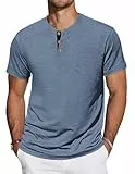 TARAINYA Henley T-Shirts Herren Baumwolle Shirt Kurzarm Einfarbig Basic Tee Männer Sommer mit Tasche Grau Blau L