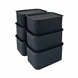 Relaxdays Aufbewahrungsbox 6er Set, mit Deckel, Organizer-Box 5 L, HBT: 13x26,5x19 cm, Stapelbox Kunststoff, schwarz