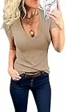 Fessceruna Damen T-Shirt V-Ausschnitt Sexy Kurzarm Shirt Sommer Basic Tee Tops Slim Fit Oberteil(Khaki, L)