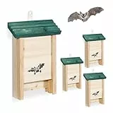 Relaxdays Fledermauskasten, 4er Set, Unterschlupf für Fledermäuse, unbehandeltes Holz, HBT: 25 x 18 x 6 cm, Natur/grün