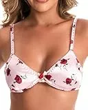 Satini Bügelfreies Seidensatin‑Bralette - Verstellbare Träger, Elegante Dessous, Sissy‑BH (Babyrosa - Rote Rosen, XXL)