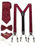 JEMYGINS Hosenträger Herren Weinrot/Weihnachts in Seide Weihnachten begrenzt 3.5cm Y Form mit 6 starken Clips Weihnachtsgeschenke und Krawatte Fliege Einstecktuch Set Geschenkbox(4)
