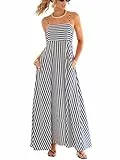 CUPSHE Damen Maxikleid Ärmellos Mit Spaghettiträgern Fließend Sommer Freizeit Gestreift Mit Taschen Blau Gestreift M