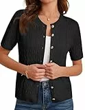 GRACE KARIN Damen Sommer Strickjacke Kurze Ärmel Eleganter Cardigan mit Zopfmuster Rundhals Bolero Top Schwarz M