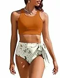 AI'MAGE Badeanzug Zweiteiliger Damen Sexy Bikini Oberteil Große Brüste mit Krawattenknoten Swimsuit Badeanzüge Bauchweg, Karamell Orange, XL