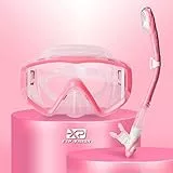 Trockenschnorchel-Set, Pano 3-Fenster-Schnorchelmaske, Anti-Fog-Taucherbrille und Schnorchel, professionelle Schnorchelausrüstung für Erwachsene (Rosa)
