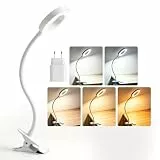 Akynite Klemmleuchte USB Weiß mit Timer-Funktion, Adapter enthalten, 5 Farbwechsel 10 Helligkeit, LED Schwanenhals Lampe, Flexibel Leselampe Bettlampe Klemmbar, Bett Lampe Schreibtischlampe