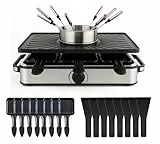 8 Personen Fondue/Raclette Set - Tischgrill inkl. Pfännchen & Schaber - Grillplatte & Steinplatte antihaftbeschichtet (Fondue Set)