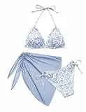 Svanco Cute Bikini Damen Set 3 Teilig mit Blumenmuster - Triangle Neckholder Oberteil, Unterteil Seitlicher Schnürung und Wrap Rock