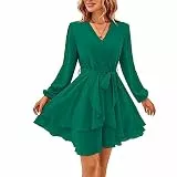 TcIFE Damen Kurz Kleid Langarm Casual V-Ausschnitt Tunika Kleider Einfarbig Rüschen Minikleid Swing Skater Hohe Taille Wickelkleid Chiffon