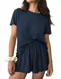 Ekouaer Damen Schlafanzug Kurzarm Pyjama Set Rundhals Kurz Nachtwäsche Mit Rüschen Zweiteiliger Weich S-XXL Marineblau M