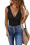 GeGekoko Top Damen Sexy Spitzen Oberteile V Ausschnitt Sommertops Elegant Tanktops Ärmellose Shirt Bluse.Schwarz.M