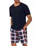 Uniexcosm Schlafanzug Herren Baumwolle Kurz Zweiteiliger Pyjama Set Nachtwäsche Kurzarm Oberteil und Karierte Schlafanzughose Hausanzug Sleepwear A:Dunkelblau 3XL