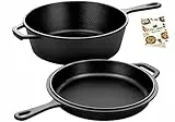 Overmont Vorgebrannter 3 l Gusseisen-Combo-Herd mit Deckel, 2-in-1 mit Kochbuch-Rezept, 3 l Dutch Oven, 1,4 l Bratpfanne, Grillpfanne funktioniert beim Backen, Camping, Herd und im Ofen